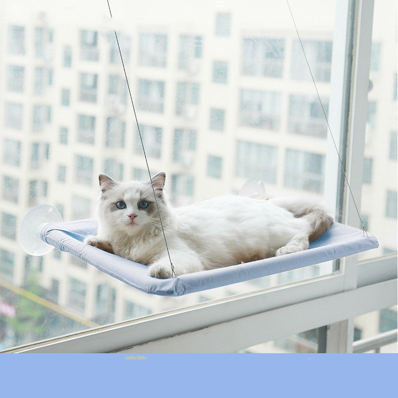 Blue window cat hammock with white cat lounging