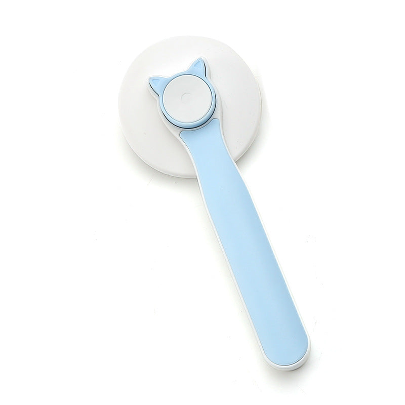 Blue self-cleaning slicker brush with cat-ear button