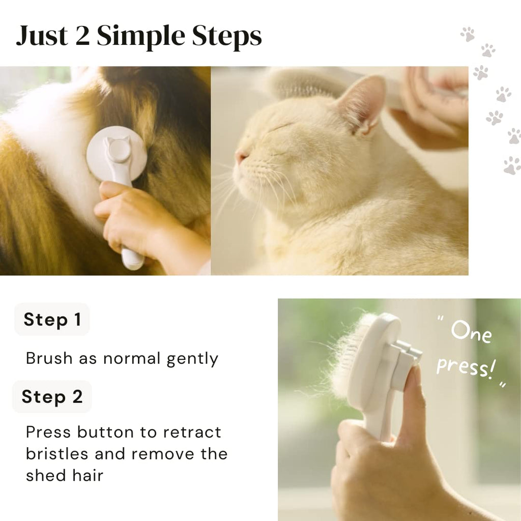 Two steps: brush the cat, then press button to release shed hair