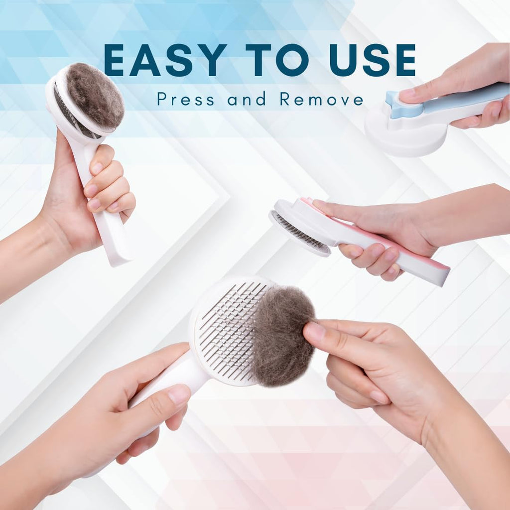Self-cleaning slicker brush: press button to remove collected fur